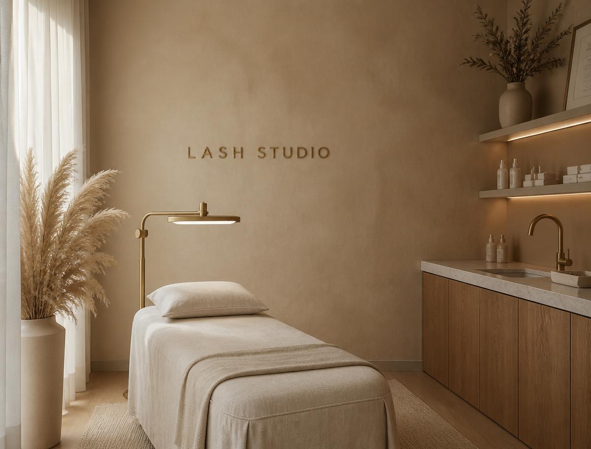Minimal lash studio interior with linen bed and warm light