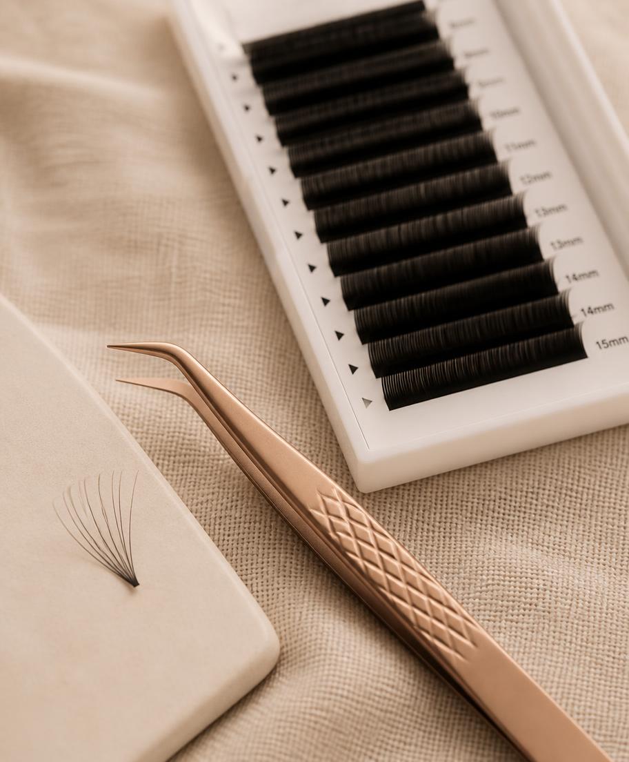 Rose gold lash tweezers and lash trays on linen